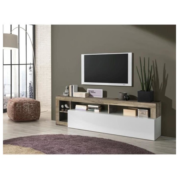 Meuble TV 1 porte - Finition Blanc Laqué et Effet Bois Vintage - L 184 x P 42 x H 56 cm - MAESTRO Meuble TV 1 porte - Finition Blanc Laqué et Effet Bois Vintage - L 184 x P 42 x H 56 cm - MAESTRO