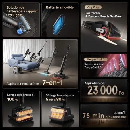 DREAME H15 Mix Aspirateur Laveur 7-en-1 - Bras robotique IA - Nettoyage des Bords Triple - 23 kPa - Lavage Brosse a l'eau a 100
