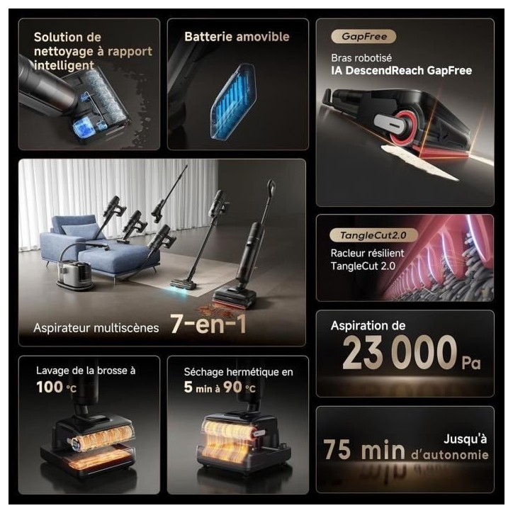 DREAME H15 Mix Aspirateur Laveur 7-en-1 - Bras robotique IA - Nettoyage des Bords Triple - 23 kPa - Lavage Brosse a l'eau a 100 DREAME H15 Mix Aspirateur Laveur 7-en-1 - Bras robotique IA - Nettoyage des Bords Triple - 23 kPa - Lavage Brosse a l'eau a 100