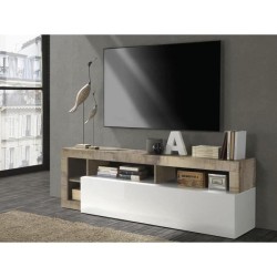 Meuble TV 1 porte - Finition Blanc Laqué et Effet Bois Vintage - L 18