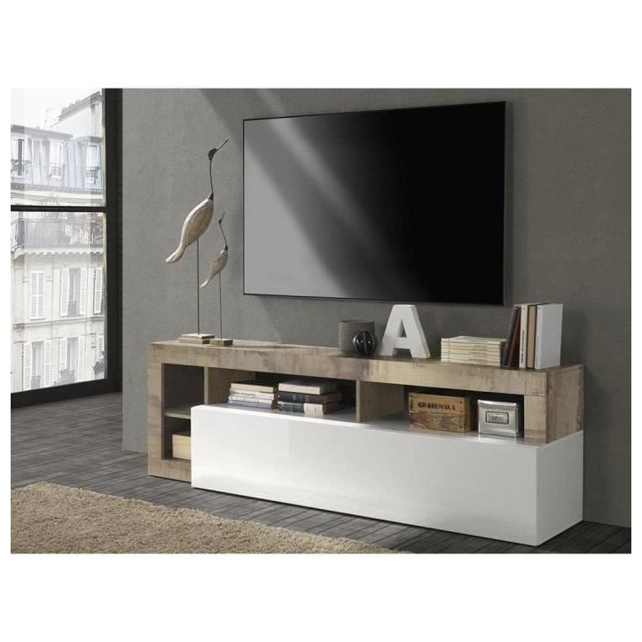Meuble TV 1 porte - Finition Blanc Laqué et Effet Bois Vintage - L 184 x P 42 x H 56 cm - MAESTRO Meuble TV 1 porte - Finition Blanc Laqué et Effet Bois Vintage - L 184 x P 42 x H 56 cm - MAESTRO
