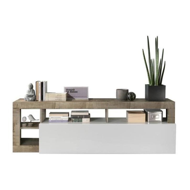 Meuble TV 1 porte - Finition Blanc Laqué et Effet Bois Vintage - L 184 x P 42 x H 56 cm - MAESTRO Meuble TV 1 porte - Finition Blanc Laqué et Effet Bois Vintage - L 184 x P 42 x H 56 cm - MAESTRO