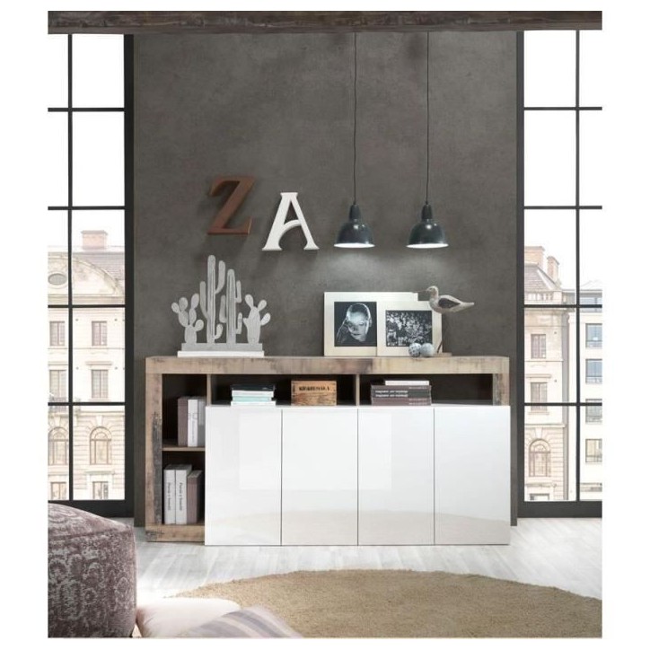 Buffet MAESTRO - Panneaux de particules - Effet Bois Vintage et blanc Laqué - 4 portes - L 184 x P 42 x H 93 cm Buffet MAESTRO - Panneaux de particules - Effet Bois Vintage et blanc Laqué - 4 portes - L 184 x P 42 x H 93 cm
