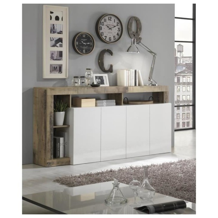 Buffet MAESTRO - Panneaux de particules - Effet Bois Vintage et blanc Laqué - 4 portes - L 184 x P 42 x H 93 cm Buffet MAESTRO - Panneaux de particules - Effet Bois Vintage et blanc Laqué - 4 portes - L 184 x P 42 x H 93 cm