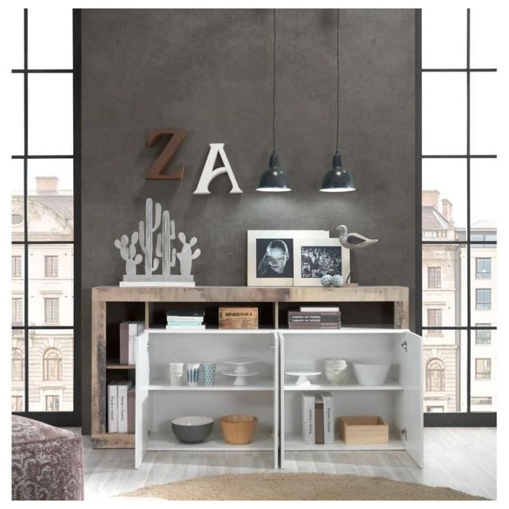Buffet MAESTRO - Panneaux de particules - Effet Bois Vintage et blanc Laqué - 4 portes - L 184 x P 42 x H 93 cm Buffet MAESTRO - Panneaux de particules - Effet Bois Vintage et blanc Laqué - 4 portes - L 184 x P 42 x H 93 cm