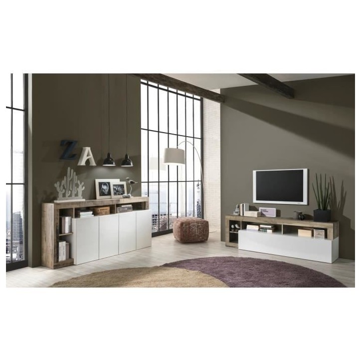 Buffet MAESTRO - Panneaux de particules - Effet Bois Vintage et blanc Laqué - 4 portes - L 184 x P 42 x H 93 cm Buffet MAESTRO - Panneaux de particules - Effet Bois Vintage et blanc Laqué - 4 portes - L 184 x P 42 x H 93 cm
