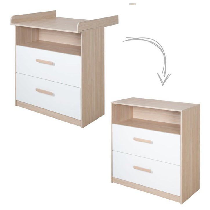 Commode a langer évolutive - ROBA - CABANE - 2 tiroirs - Extension a langer amovible - Chene / Blanc Commode a langer évolutive - ROBA - CABANE - 2 tiroirs - Extension a langer amovible - Chene / Blanc