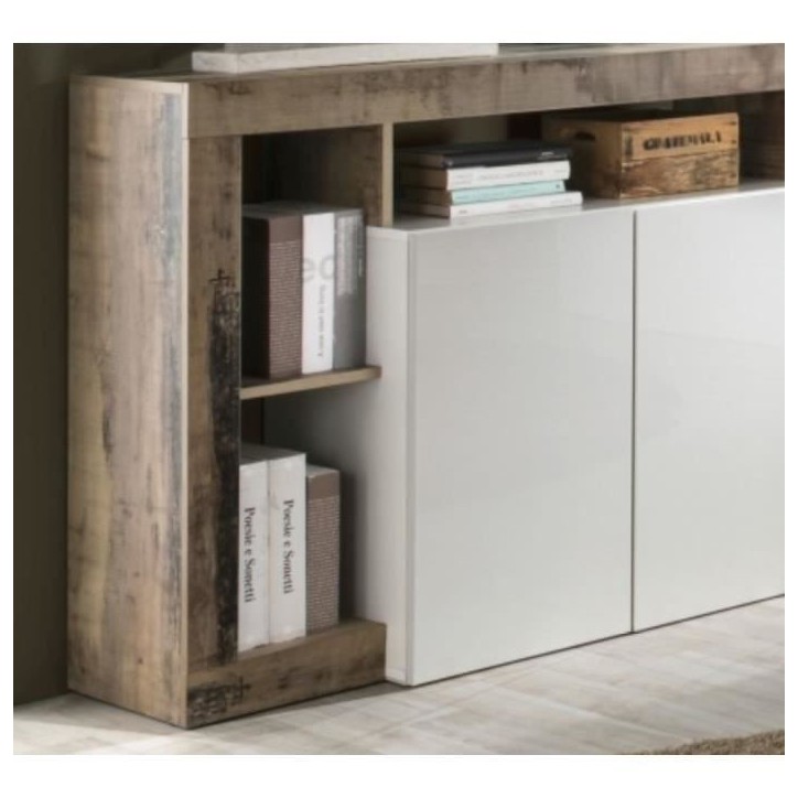 Buffet MAESTRO - Panneaux de particules - Effet Bois Vintage et blanc Laqué - 4 portes - L 184 x P 42 x H 93 cm Buffet MAESTRO - Panneaux de particules - Effet Bois Vintage et blanc Laqué - 4 portes - L 184 x P 42 x H 93 cm