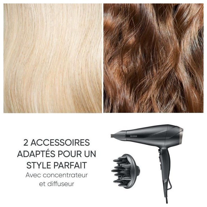 Seche-cheveux ionique - SEVERIN - HT 0167 - Pro - Diffuseur & Concentrateur - 2300 W - 3 niveaux de température - Noir