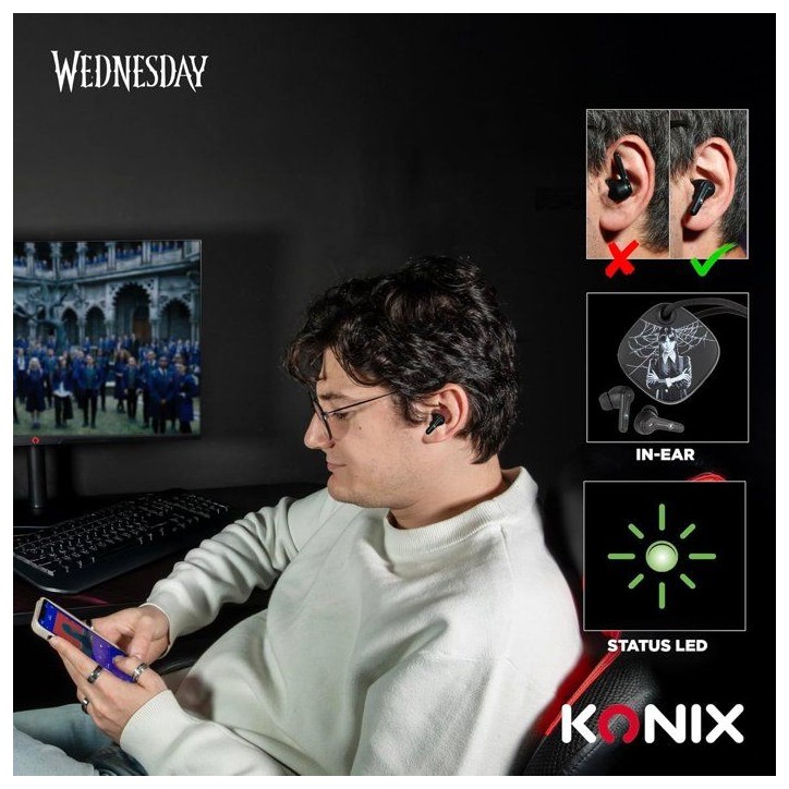 Ecouteurs - San fil - Konix - Mercredi - Smartphones et tablettes - Autonomie 6 h + 22 h boitier - Résistance IPX4 - Noir Ecouteurs - San fil - Konix - Mercredi - Smartphones et tablettes - Autonomie 6 h + 22 h boitier - Résistance IPX4 - Noir