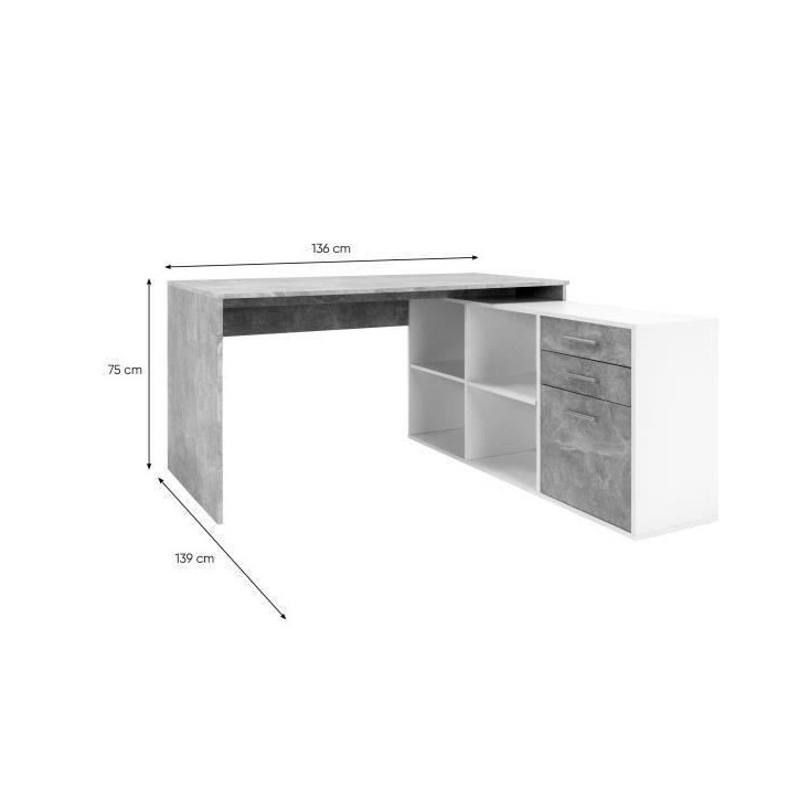 Bureau d'angle LONDON - Panneaux de particules - Décor béton structuré, blanc - 136 x 75 x 139 cm