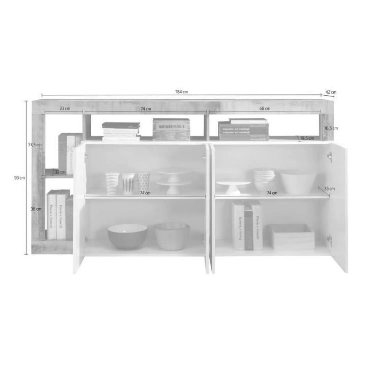 Buffet MAESTRO - Panneaux de particules - Effet Bois Vintage et blanc Laqué - 4 portes - L 184 x P 42 x H 93 cm Buffet MAESTRO - Panneaux de particules - Effet Bois Vintage et blanc Laqué - 4 portes - L 184 x P 42 x H 93 cm
