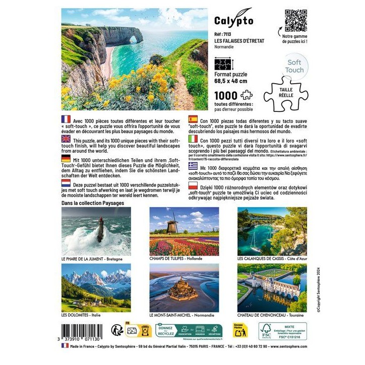 Puzzle - SENTOSPHERE - Calypto - 1000 pieces - Les Falaises d'Etretat - Normandie - Toucher soyeux - Des 9 ans Puzzle - SENTOSPHERE - Calypto - 1000 pieces - Les Falaises d'Etretat - Normandie - Toucher soyeux - Des 9 ans