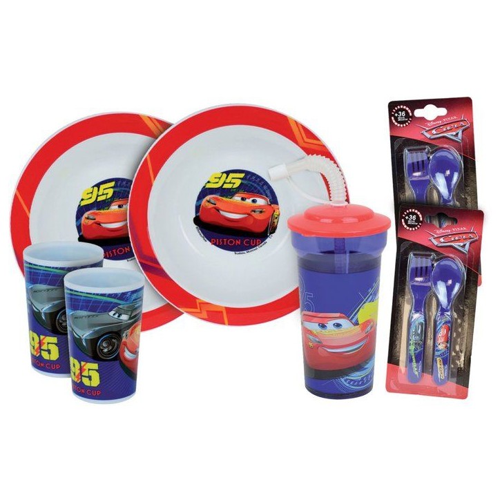 Lot vaisselle - FUN HOUSE - DISNEY CARS - 2 Verres, 2 Assiettes creuses Ø16 cm, 2 lots de couverts, Gobelet paille Lot vaisselle - FUN HOUSE - DISNEY CARS - 2 Verres, 2 Assiettes creuses Ø16 cm, 2 lots de couverts, Gobelet paille