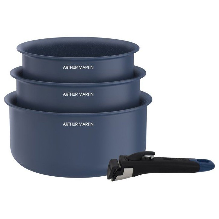 Set de 3 casseroles - Tous feux dont induction - ARTHUR MARTIN - AM0320 - Céramique - Ø 16-18-20 cm + poignée amovible - Bleu Set de 3 casseroles - Tous feux dont induction - ARTHUR MARTIN - AM0320 - Céramique - Ø 16-18-20 cm + poignée amovible - Bleu
