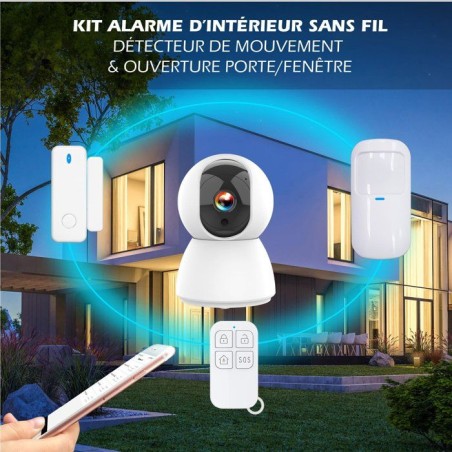 Kit d'alarme évolutif - KYF - 434Mhz - Wifi - Caméra IP PT 4MP avec sirene + Détecteur de mouvement/d'ouverture + 2 télécom