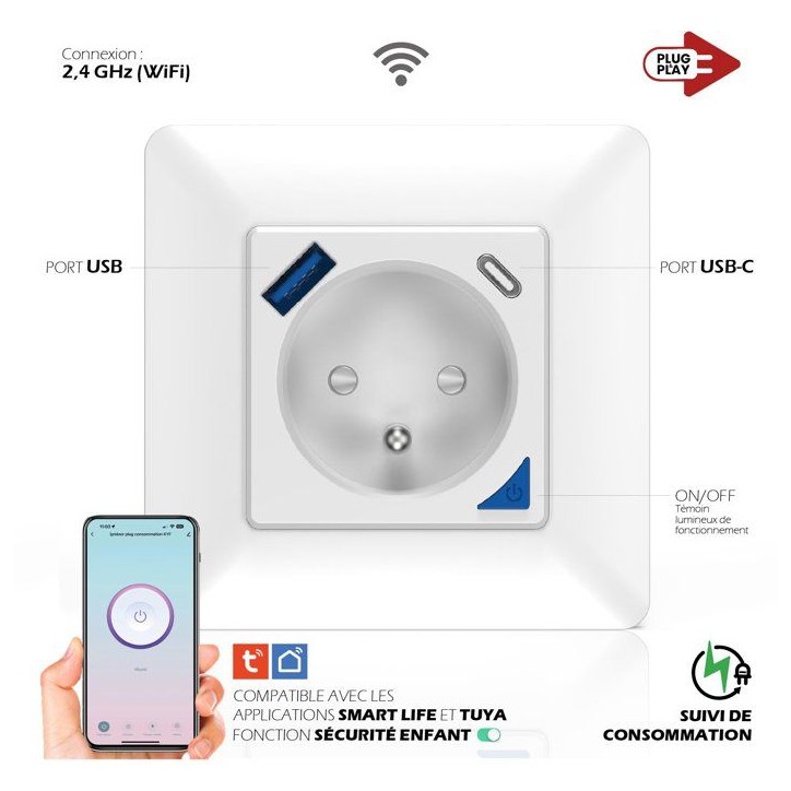 Prise encastrée connectée intérieure - KYF - Wifi - Avec compteur d'énergie + Prise USB et USB - C Prise encastrée connectée intérieure - KYF - Wifi - Avec compteur d'énergie + Prise USB et USB - C