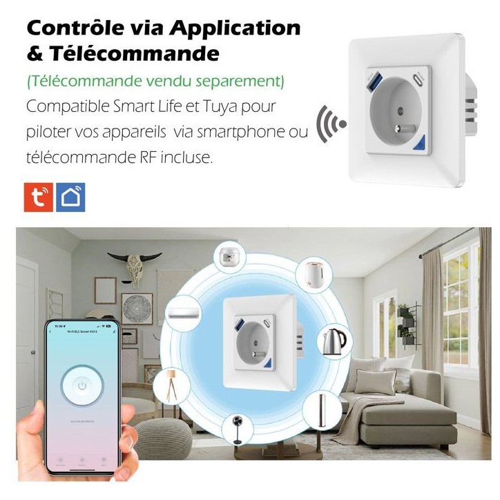 Prise encastrée connectée intérieure - KYF - Wifi - Avec compteur d'énergie + Prise USB et USB - C Prise encastrée connectée intérieure - KYF - Wifi - Avec compteur d'énergie + Prise USB et USB - C
