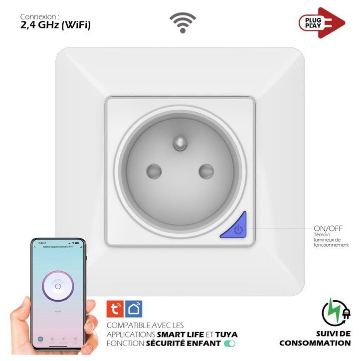 Prise encastrée connectée intérieure - KYF - Wifi - Avec compteur d'énergie