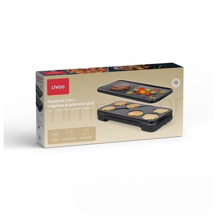 Appareil 2-en-1 crepiere et plancha grill - LIVOO - DOC349N - 1500 W - 8 mini crepes Ø 11,5 cm - Sans PFAS - Noir Appareil 2-en-1 crepiere et plancha grill - LIVOO - DOC349N - 1500 W - 8 mini crepes Ø 11,5 cm - Sans PFAS - Noir