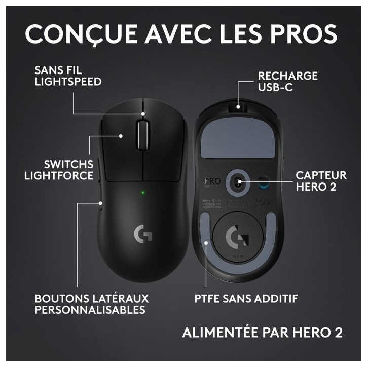Souris - Sans fil - Logitech G - PRO X Superlight 2c - Noir Souris - Sans fil - Logitech G - PRO X Superlight 2c - Noir