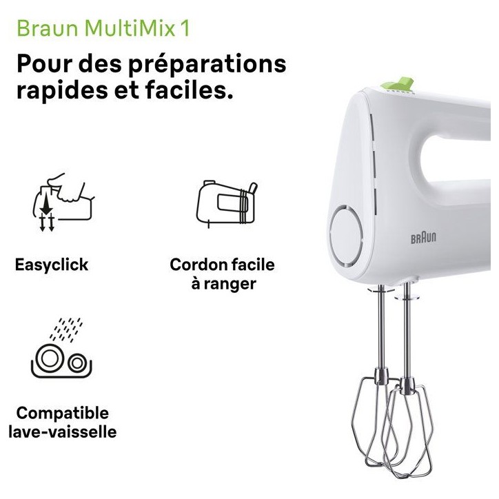 Batteur éléctrique - BRAUN - HM1100WH MultiMix 1 - 450 W - 4 vitesses + turbo - Blanc Batteur éléctrique - BRAUN - HM1100WH MultiMix 1 - 450 W - 4 vitesses + turbo - Blanc