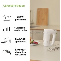 Batteur éléctrique - BRAUN - HM1100WH MultiMix 1 - 450 W - 4 vitesse