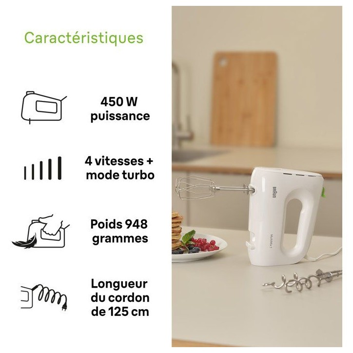 Batteur éléctrique - BRAUN - HM1100WH MultiMix 1 - 450 W - 4 vitesses + turbo - Blanc Batteur éléctrique - BRAUN - HM1100WH MultiMix 1 - 450 W - 4 vitesses + turbo - Blanc