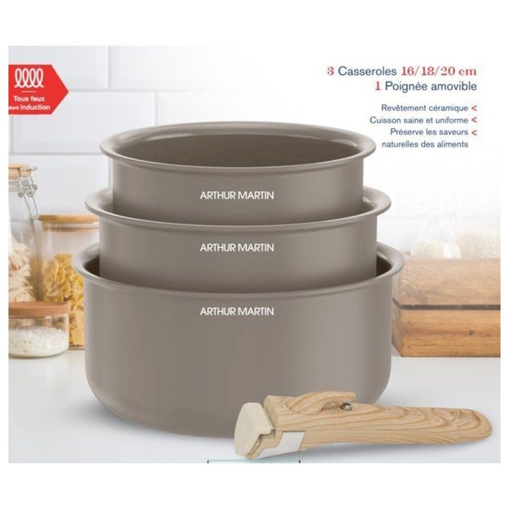 Set de 3 casseroles - Tous feux dont induction - ARTHUR MARTIN - AM1122 - Céramique - Ø 16-18-20 cm + poignée amovible - Taup Set de 3 casseroles - Tous feux dont induction - ARTHUR MARTIN - AM1122 - Céramique - Ø 16-18-20 cm + poignée amovible - Taup