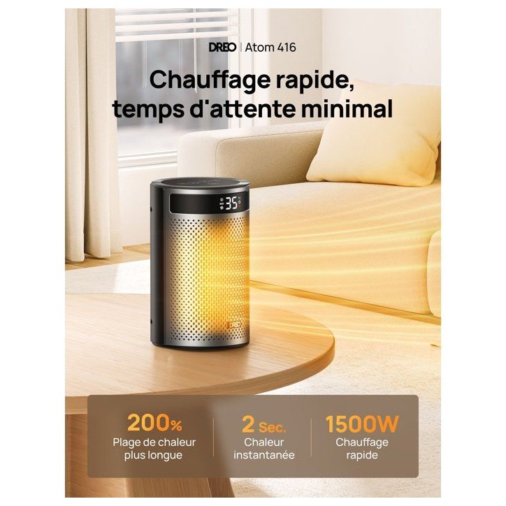 Chauffage d'appoint - Hyper-céramique - 1500 W - Dreo - Atom 416 - Colonne - Noir Chauffage d'appoint - Hyper-céramique - 1500 W - Dreo - Atom 416 - Colonne - Noir