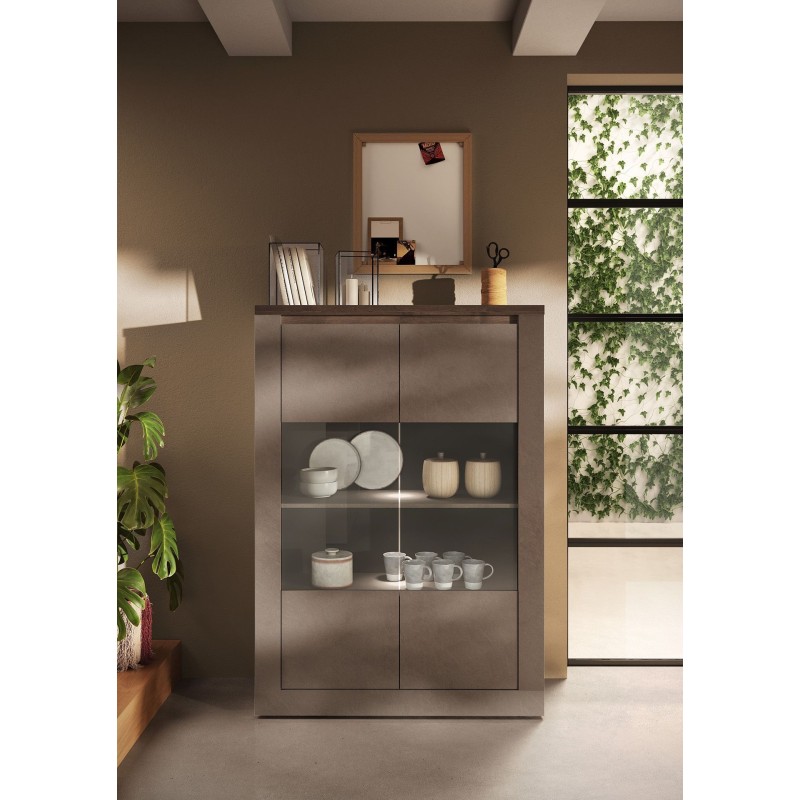 Vitrine - IMOLA - Bronze & Plateau Chene Mercure - 2 Portes - 114 x 43