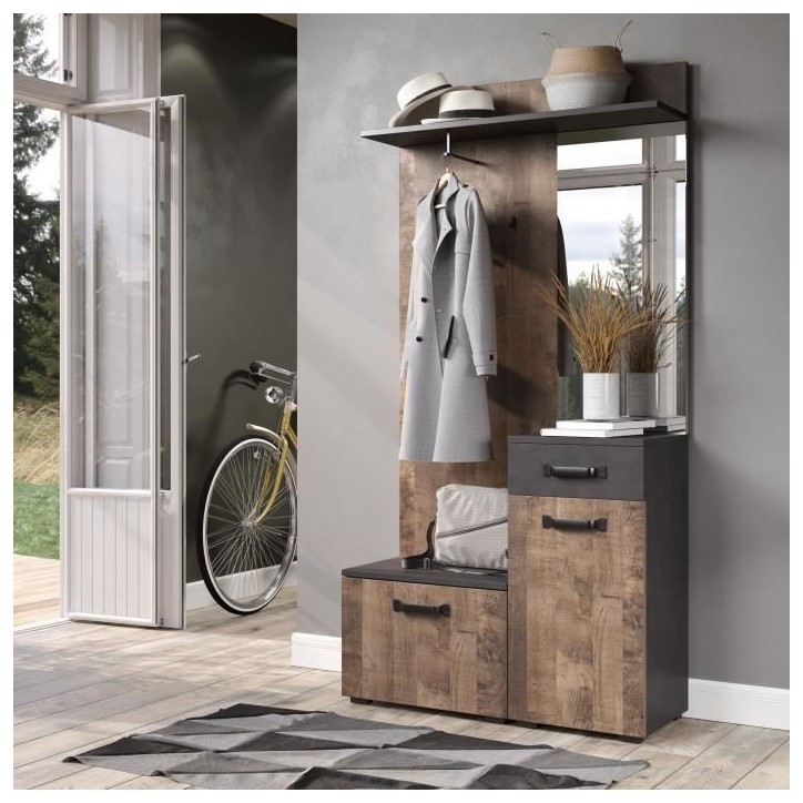 Meuble d'entrée, vestiaire SMILE 1 porte et 1 tiroir - Mélaminé chene tabac et gris mat - Miroir - L 104 x P 32 x H 190 cm Meuble d'entrée, vestiaire SMILE 1 porte et 1 tiroir - Mélaminé chene tabac et gris mat - Miroir - L 104 x P 32 x H 190 cm