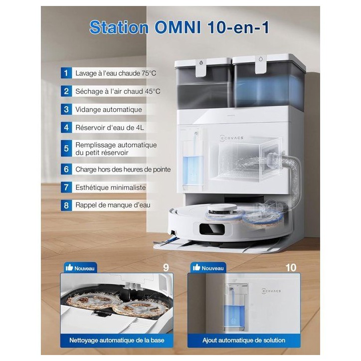 ECOVACS T30C Omni GEN2 - Aspirateur Robot Laveur avec Station - 25000Pa - Lavage a l'eau Chaude 75? - Serpilliere OZMO Turbo 2.0 ECOVACS T30C Omni GEN2 - Aspirateur Robot Laveur avec Station - 25000Pa - Lavage a l'eau Chaude 75? - Serpilliere OZMO Turbo 2.0
