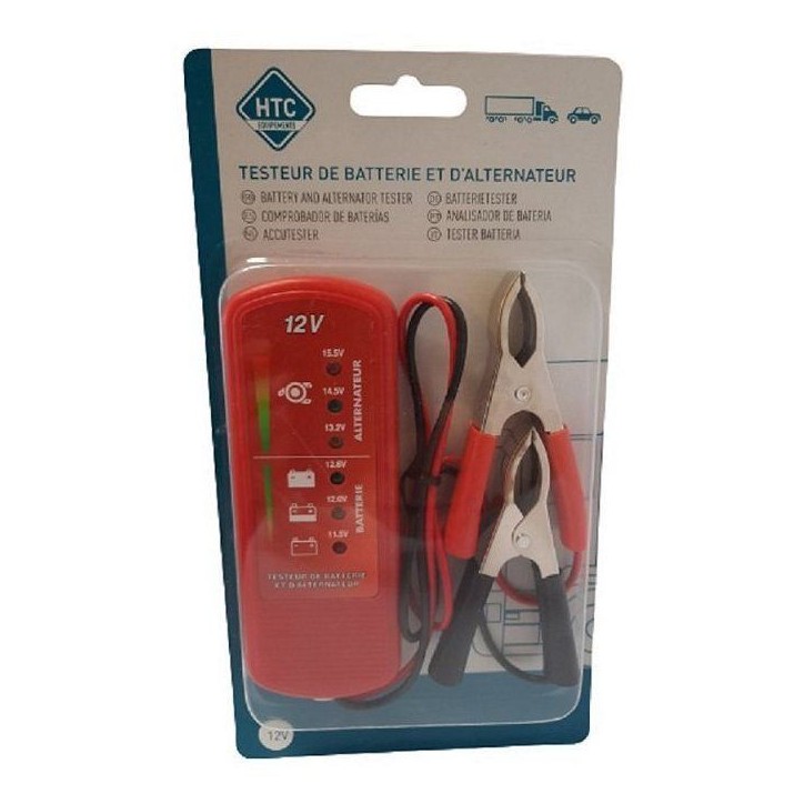 Testeur de batterie et d'alternateur - HTC EQUIPEMENT - 12V - 6 led indicateurs - Pince batterie - Câble de 60 cm
