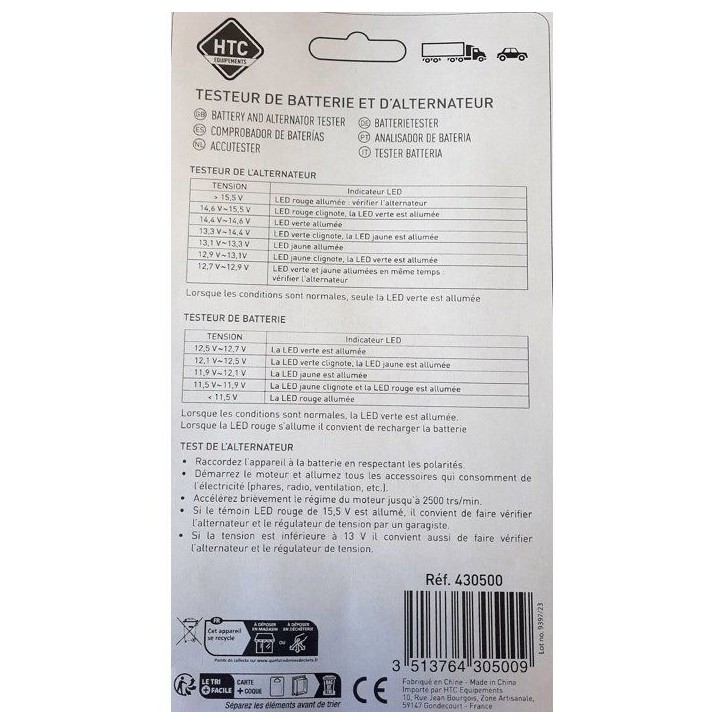 Testeur de batterie et d'alternateur - HTC EQUIPEMENT - 12V - 6 led indicateurs - Pince batterie - Câble de 60 cm