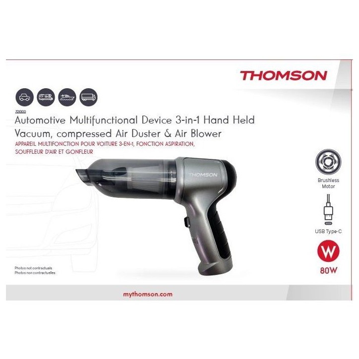 Aspirateur voiture - THOMSON - 3 en 1 - 80 W - 12000 pa - Autonomie 18 min - Livré avec 6 accessoires - Gris Aspirateur voiture - THOMSON - 3 en 1 - 80 W - 12000 pa - Autonomie 18 min - Livré avec 6 accessoires - Gris