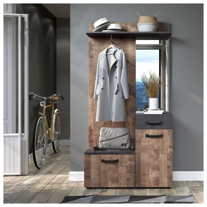 Meuble d'entrée, vestiaire SMILE 1 porte et 1 tiroir - Mélaminé chene tabac et gris mat - Miroir - L 104 x P 32 x H 190 cm Meuble d'entrée, vestiaire SMILE 1 porte et 1 tiroir - Mélaminé chene tabac et gris mat - Miroir - L 104 x P 32 x H 190 cm