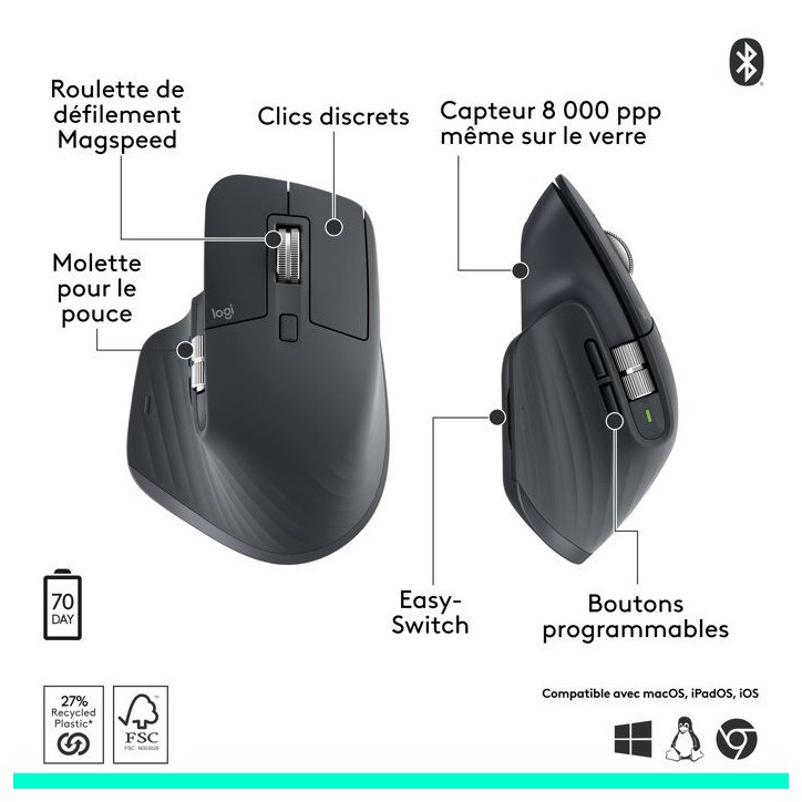 Souris - Sans fil - Logitech - MX Master 3S - Edition Bluetoth - Graphite
