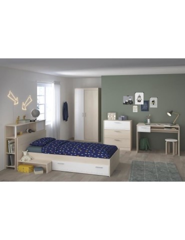 PARISOT Chambre enfant complete - Tete de lit + lit + commode + armoire + bureau - contemporain - Décor acacia clair et blanc -