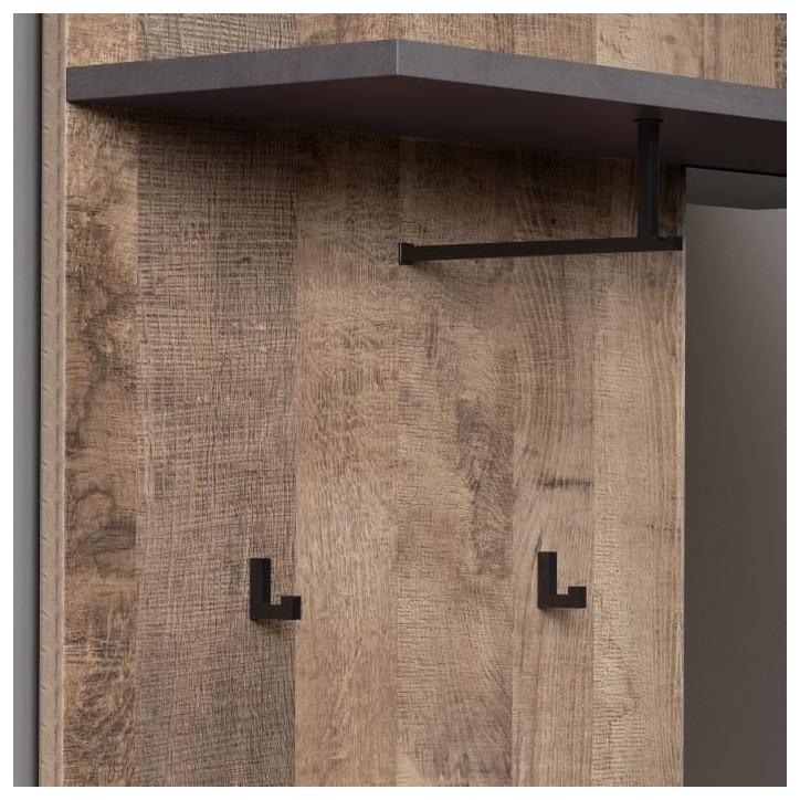 Meuble d'entrée, vestiaire SMILE 1 porte et 1 tiroir - Mélaminé chene tabac et gris mat - Miroir - L 104 x P 32 x H 190 cm Meuble d'entrée, vestiaire SMILE 1 porte et 1 tiroir - Mélaminé chene tabac et gris mat - Miroir - L 104 x P 32 x H 190 cm
