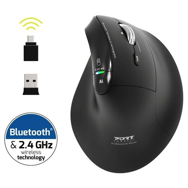 Souris sans fil - PORT Designs - 910204 ERGO AUDITOR - Bluetooth & 2.4 GHz - Rechargeable - Noir Souris sans fil - PORT Designs - 910204 ERGO AUDITOR - Bluetooth & 2.4 GHz - Rechargeable - Noir