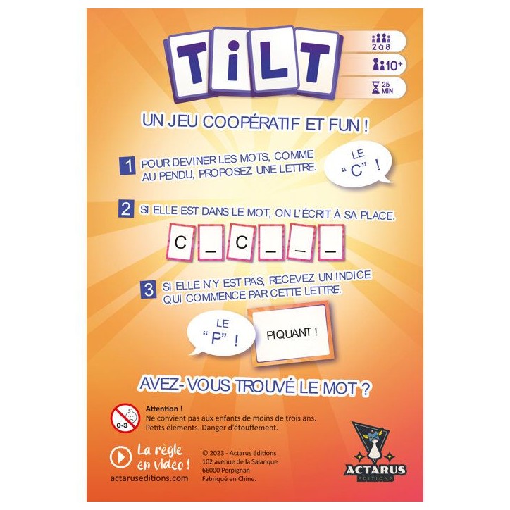 ACTARUS - Tilt- Jeu de société coopératif - Ambiance - Mots a deviner - Des 10 ans - 2 a 8 joueurs - 25 min ACTARUS - Tilt- Jeu de société coopératif - Ambiance - Mots a deviner - Des 10 ans - 2 a 8 joueurs - 25 min