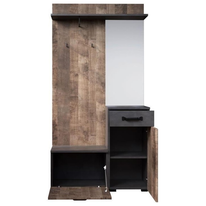 Meuble d'entrée, vestiaire SMILE 1 porte et 1 tiroir - Mélaminé chene tabac et gris mat - Miroir - L 104 x P 32 x H 190 cm Meuble d'entrée, vestiaire SMILE 1 porte et 1 tiroir - Mélaminé chene tabac et gris mat - Miroir - L 104 x P 32 x H 190 cm