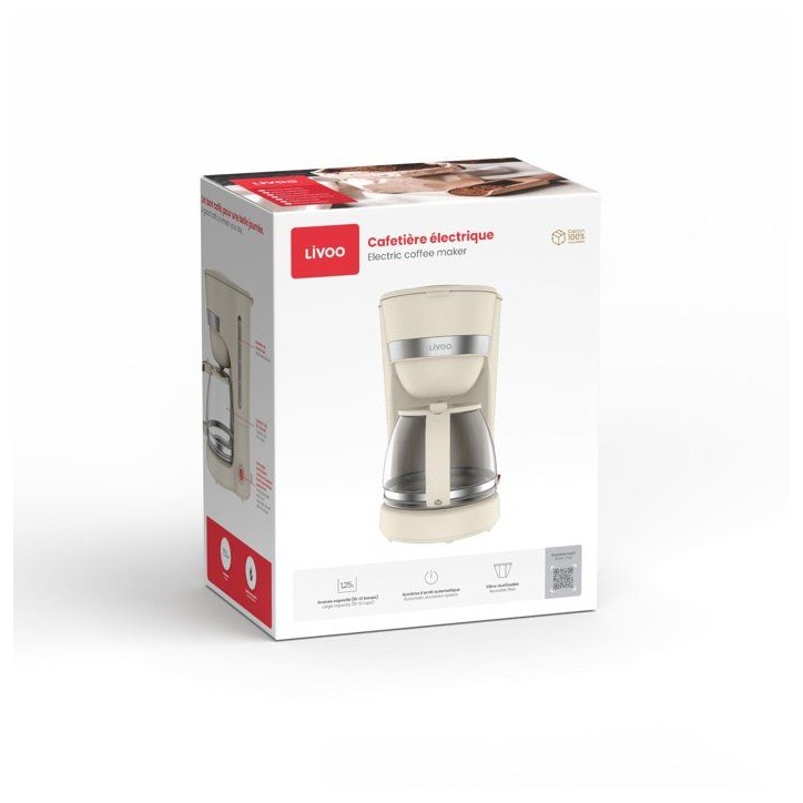Cafetiere électrique - LIVOO - DOD200C - 750 W - 1,25 L - 10 a 12 tasses - Blanc cassé Cafetiere électrique - LIVOO - DOD200C - 750 W - 1,25 L - 10 a 12 tasses - Blanc cassé