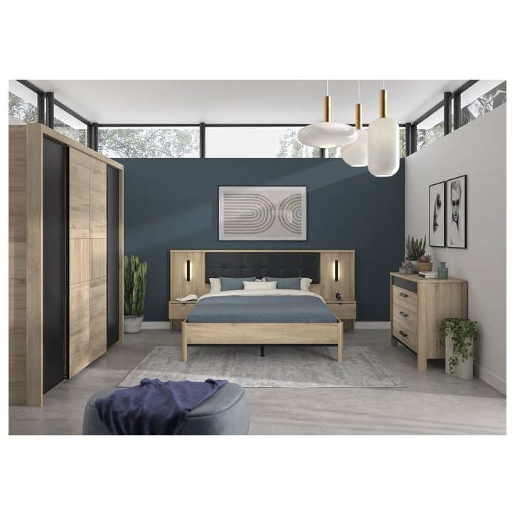 Lit adulte avec chevets lambris - MAXIMIN - 160 x 200 cm - Chene Krönberg clair - GAMI Lit adulte avec chevets lambris - MAXIMIN - 160 x 200 cm - Chene Krönberg clair - GAMI