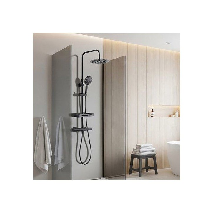 Colonne de douche avec mitigeur thermostatique - Edouard Rousseau - Ars Tab - Noir - Douche de tete ronde - Douchette a main Colonne de douche avec mitigeur thermostatique - Edouard Rousseau - Ars Tab - Noir - Douche de tete ronde - Douchette a main