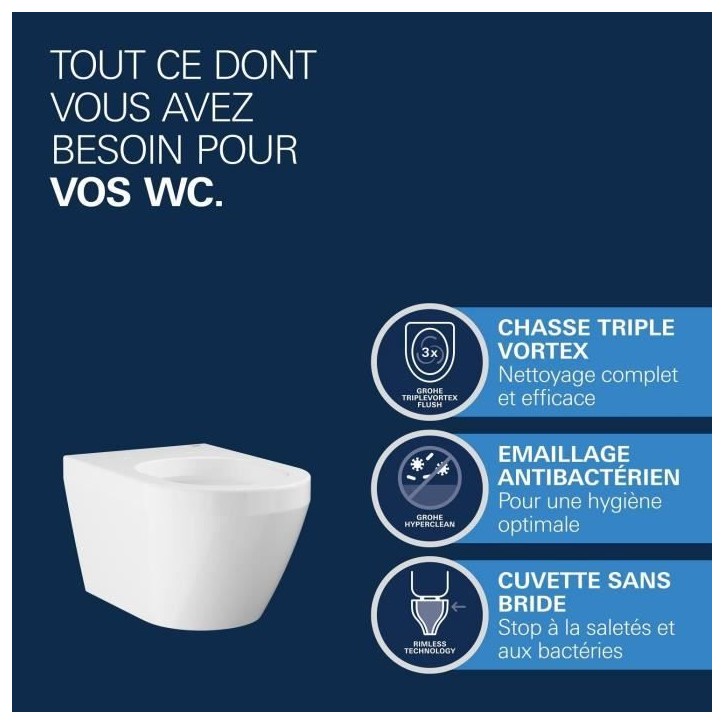 Cuvette WC suspendue compact - GROHE Euro Ceramic - Porcelaine vitrifiée - Sans bride - Blanc
