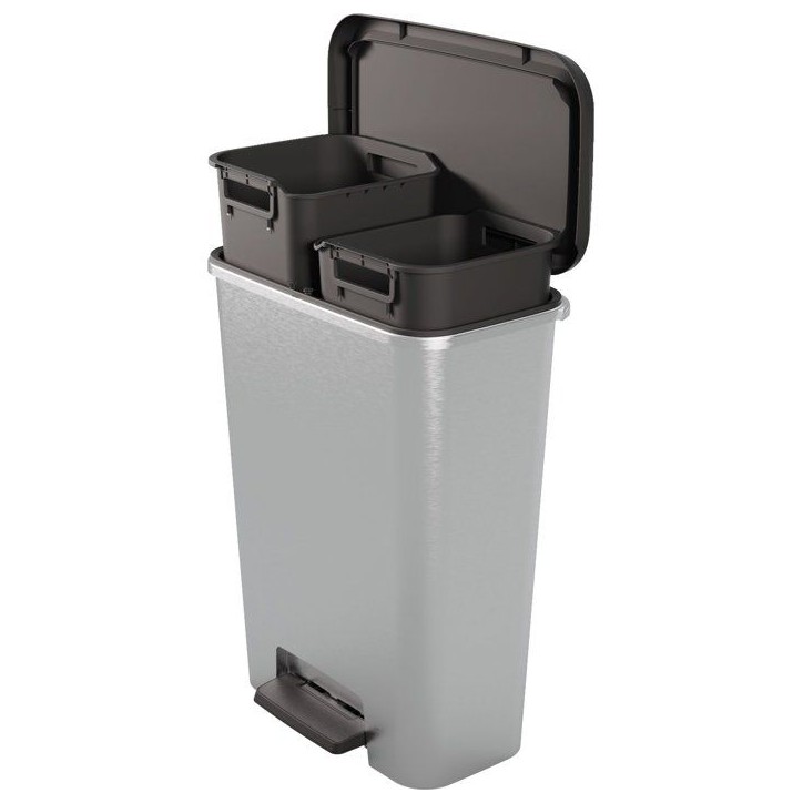 Pédale de tri a pédale Duo - CURVER - COMPATTA - 23 L + 23 L - Gris aspect métal - Polypropylene