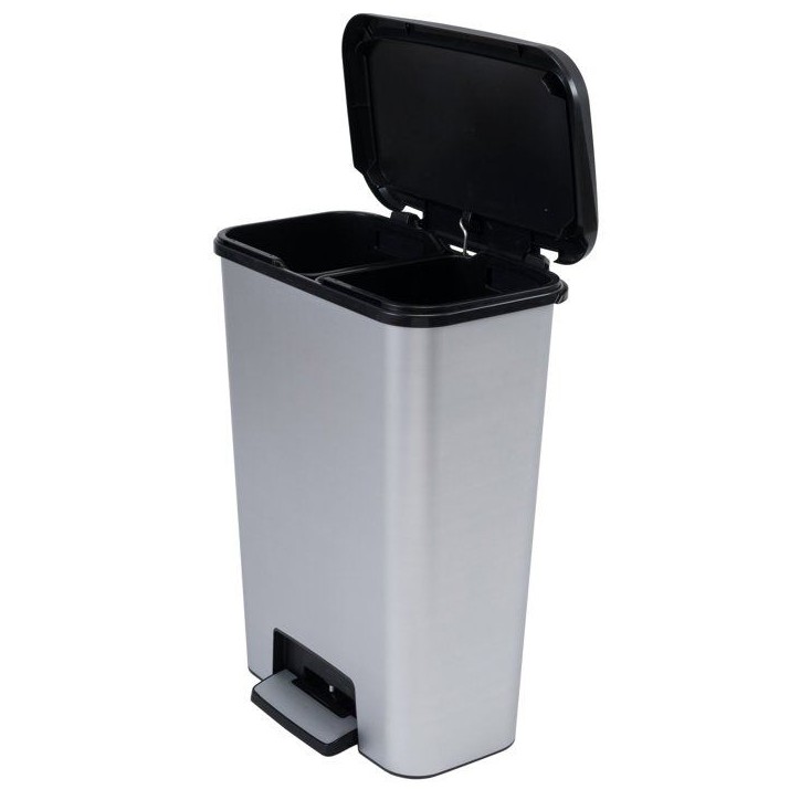 Pédale de tri a pédale Duo - CURVER - COMPATTA - 23 L + 23 L - Gris aspect métal - Polypropylene