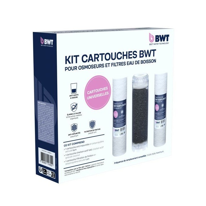 Pack cartouches Triplex - BWT - Pack Triplex - Préfiltration + charbon actif + filtration fine - Prétraitement osmose Pack cartouches Triplex - BWT - Pack Triplex - Préfiltration + charbon actif + filtration fine - Prétraitement osmose